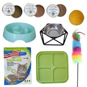 Catnip, Silvervine, Valerian Powder, Slow Feeders, Cat Toys (Bundle of 9)
